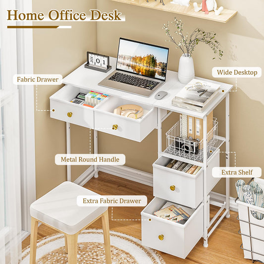 3IngSeagulls Small Computer Desk with 4 Fabric Drawers, Simple Writing Desk for Home Office, Compact Study Desks for Small Spaces, Kids Desk Study for Bedroom, White