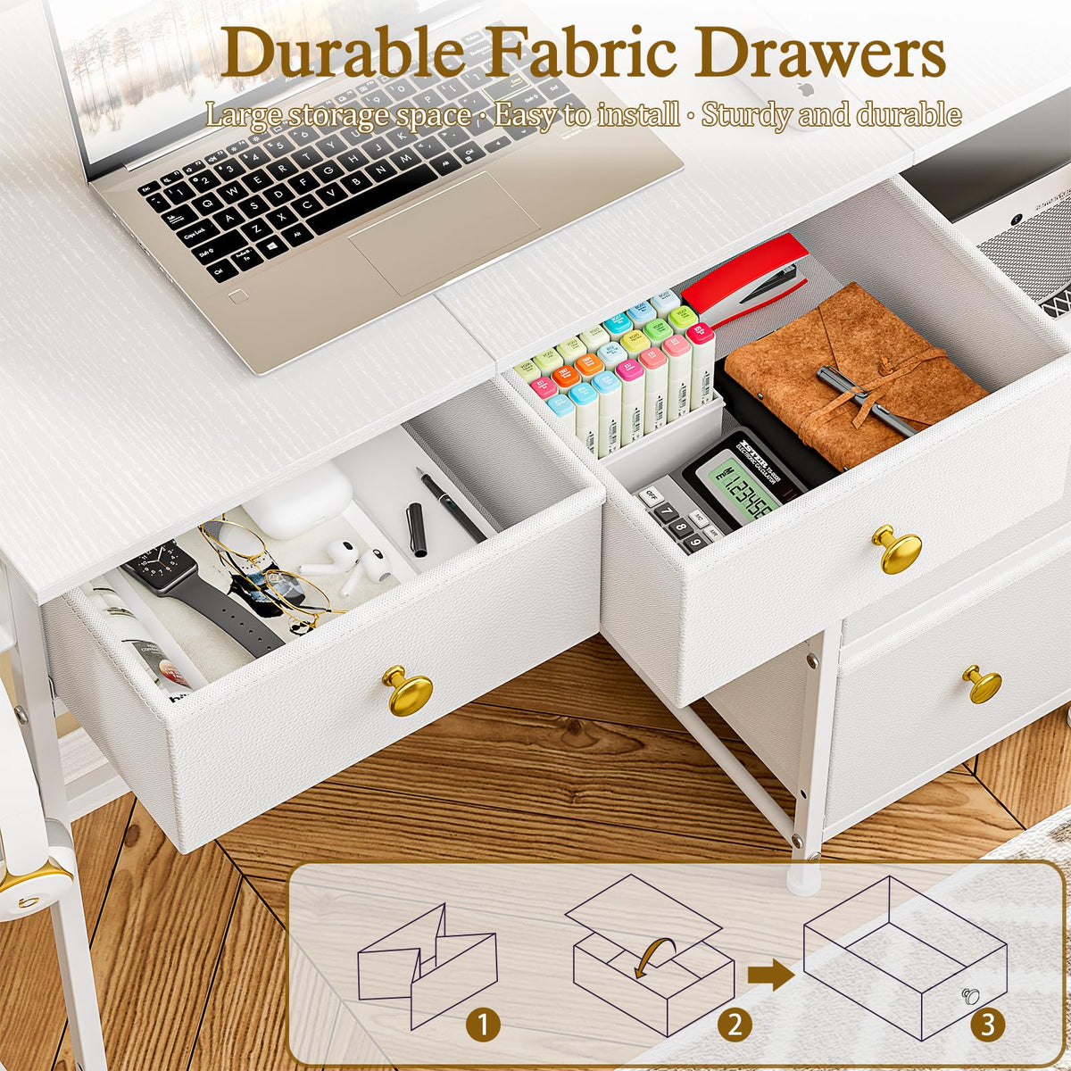 3IngSeagulls Small Computer Desk with 4 Fabric Drawers, Simple Writing Desk for Home Office, Compact Study Desks for Small Spaces, Kids Desk Study for Bedroom, White
