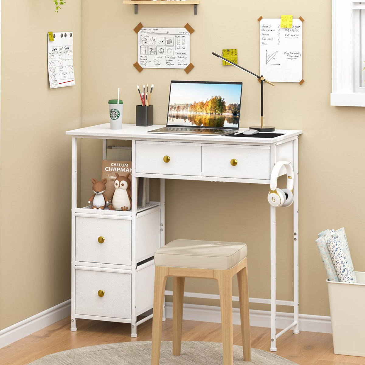 3IngSeagulls Small Computer Desk with 4 Fabric Drawers, Simple Writing Desk for Home Office, Compact Study Desks for Small Spaces, Kids Desk Study for Bedroom, White
