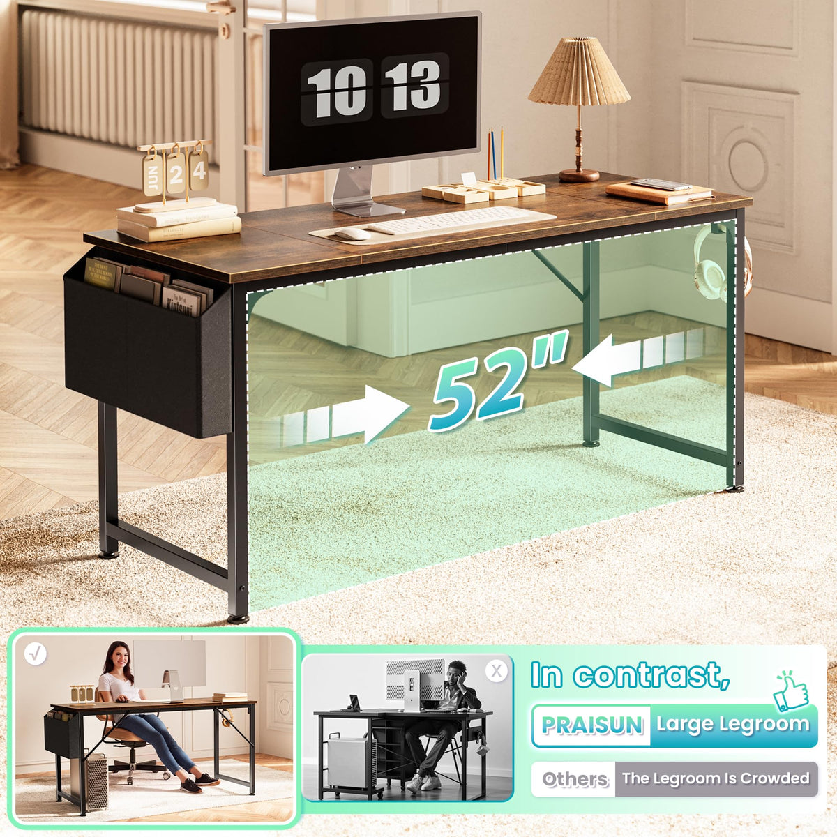 PRAISUN 55'' Computer Desk with Fabric Storage Bag