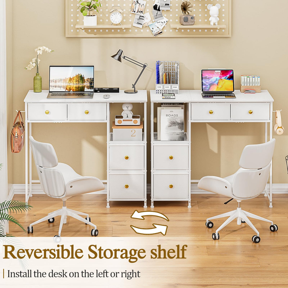 3IngSeagulls Small Computer Desk with 4 Fabric Drawers, Simple Writing Desk for Home Office, Compact Study Desks for Small Spaces, Kids Desk Study for Bedroom, White