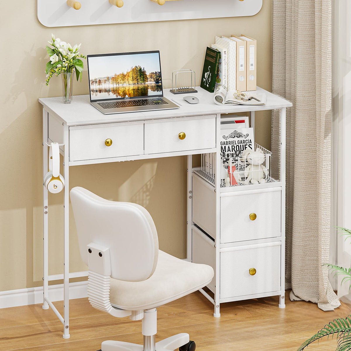 3IngSeagulls Small Computer Desk with 4 Fabric Drawers, Simple Writing Desk for Home Office, Compact Study Desks for Small Spaces, Kids Desk Study for Bedroom, White