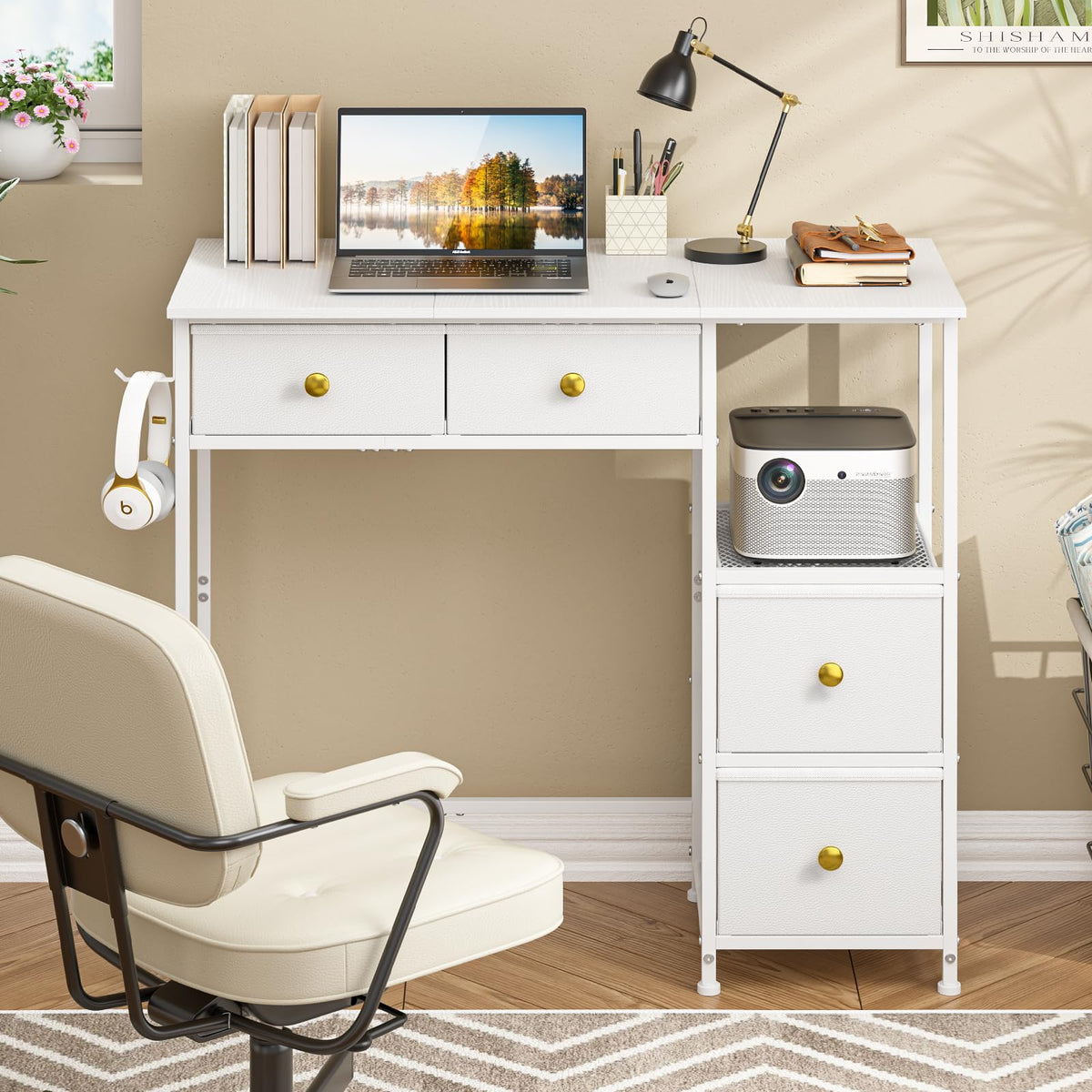 3IngSeagulls Small Computer Desk with 4 Fabric Drawers, Simple Writing Desk for Home Office, Compact Study Desks for Small Spaces, Kids Desk Study for Bedroom, White